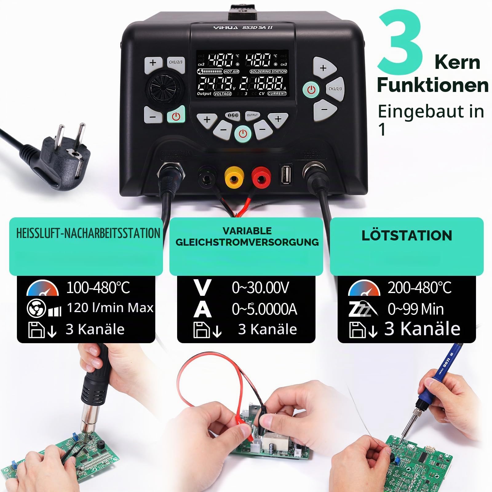 YIHUA 853D 5A-II Lötstation Heißluft Variable DC-Stromversorgung 3-IN-1 0-30.00V 0-5.0000A einstellbar mit 21 Zubehörteilen (EU PLUG)
