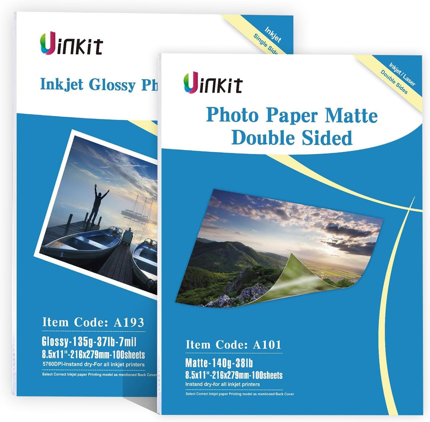 Uinkit 100 Sheets Thin Matte Presentation Paper Photo Double Sided 8.5x11 38lb 140gsm and Inkjet and Inkjet Thin Photo Paper Glossy+ Double Side Matt Photo Paper- Thin Photo Paper Glossy 135gsm 35lbs