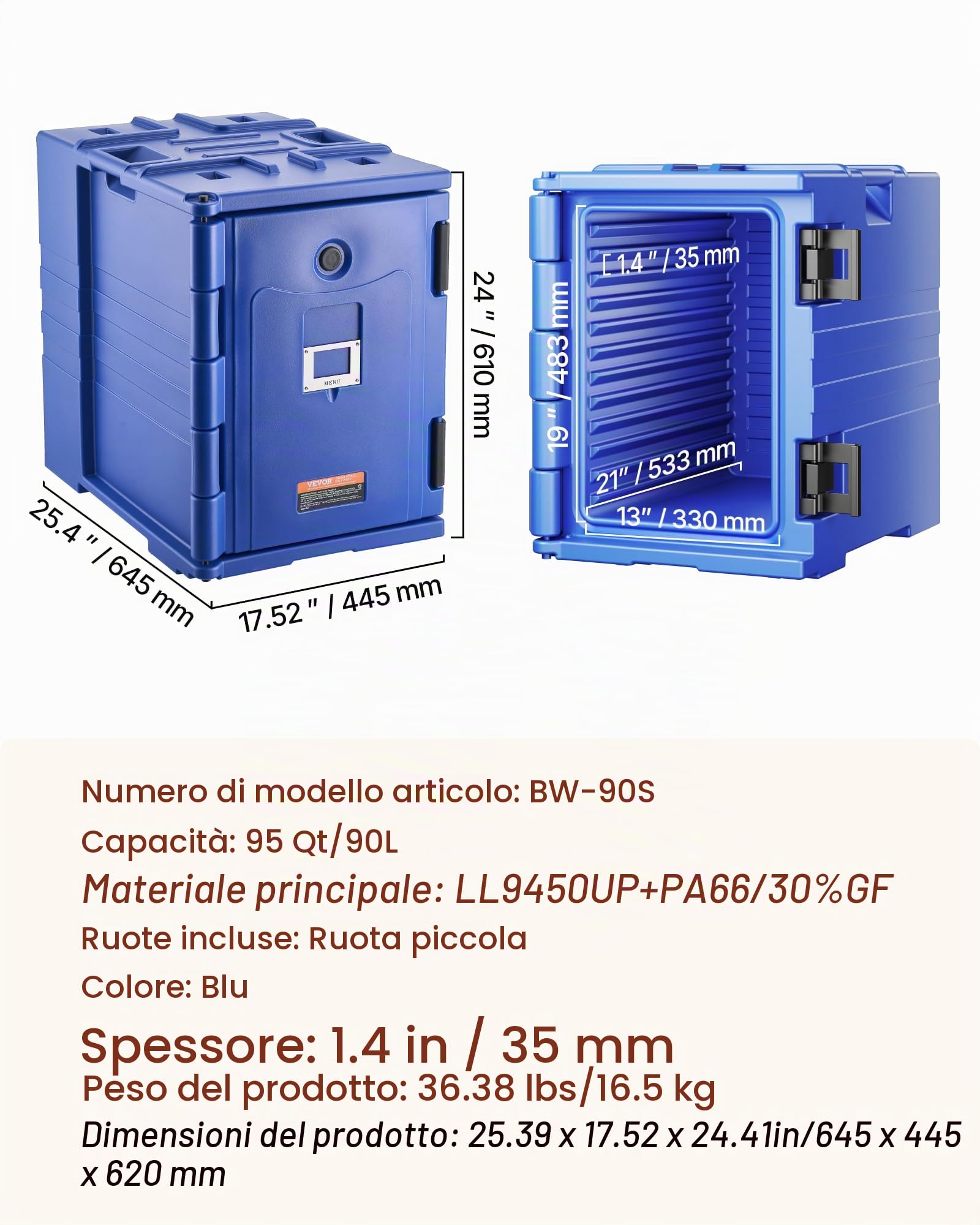 VEVOR Contenitore Riscaldato per Alimenti Ristorazione 90L, Contenitore per Alimenti con Doppie Fibbie Maniglie, Contenitore Isolato per Trasporto Alimenti per Ristorante Catering Eventi Feste, Blu