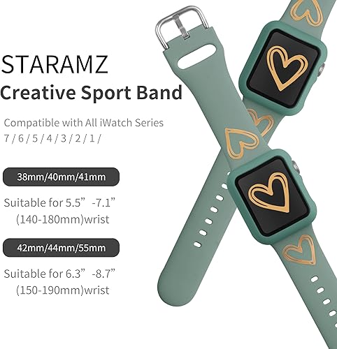 Miniatura 6 de STARAMZ Correa de silicona suave compatible con correas de Apple Watch de 1.614in, 1.575in, 1.496in, silicona suave con patrón de corazón dorado