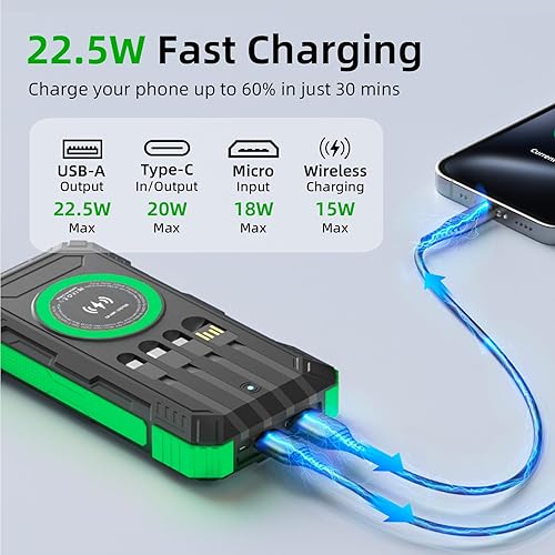 Miniatura 2 de Cargador solar de 49800 mAh, cargador de teléfono portátil inalámbrico, 22.5 W QC3.0, carga rápida, 4 cables integrados con USB C, 6 salidas y 2