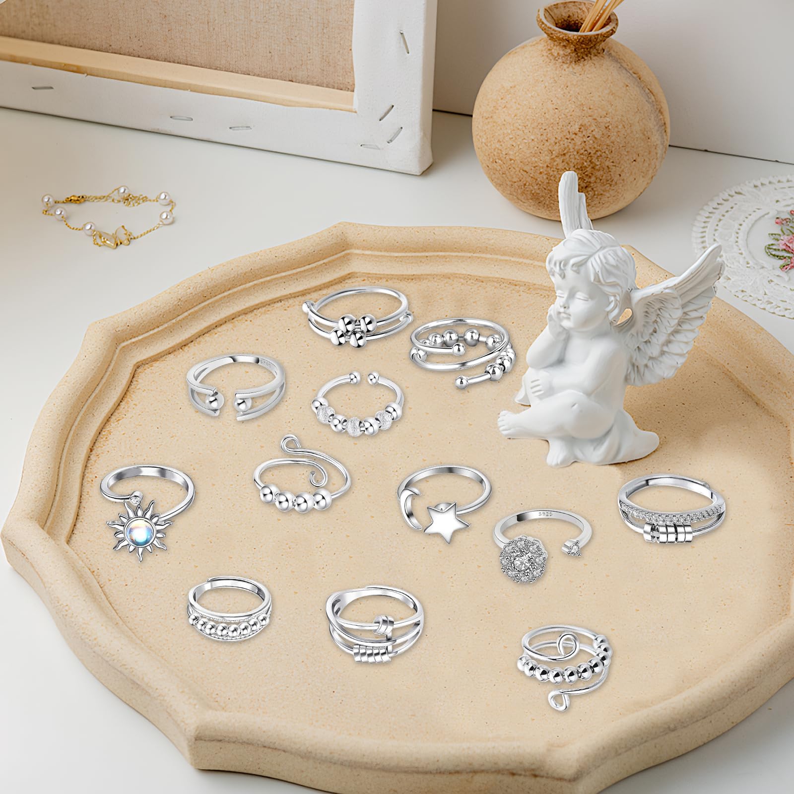 12 Pezzi Di Anello Antistress Donna Regolabili Anello Antistress Anxiety Ring Per Alleviare La Pressione Unisex Con Sacchetto Di Velluto Nero
