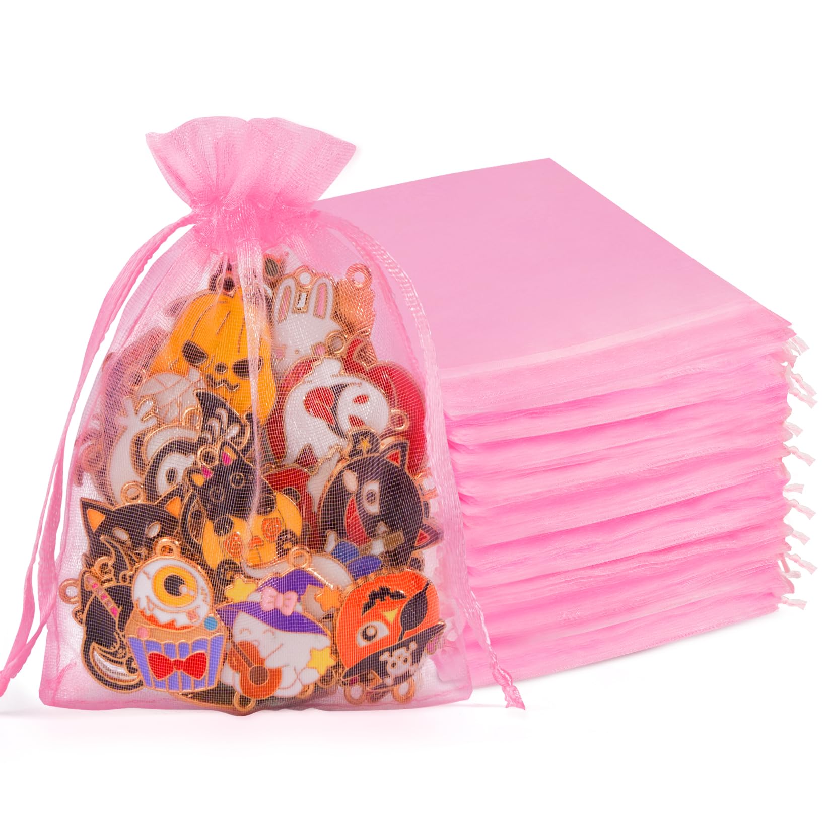 Crweety 50 Pcs Organza Bags 4x6, Pink Small Mesh Gift Bags Drawstring Bulk