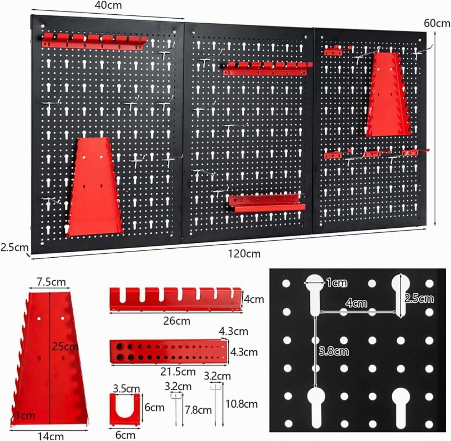 GYMAX Panel Herramientas Pared de Metal, 120 x 60 cm, Soporte Herramientas Pared con 3 Paneles Perforados y 25 Ganchos, Tablero Perforado para Taller, Banco de Trabajo