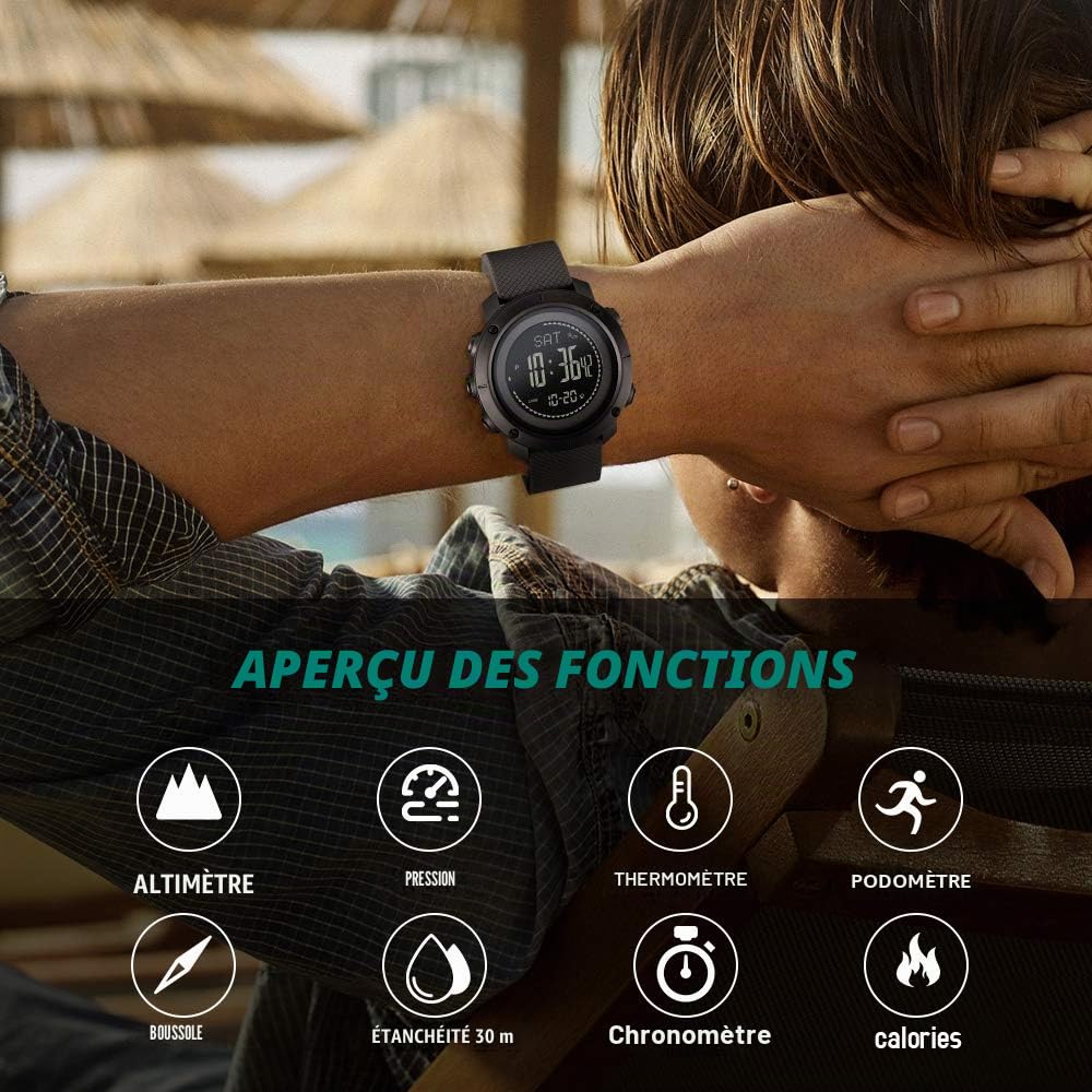 Skmei Montre de Sport numérique pour Homme, podomètre, altimètre, baromètre, température, Militaire, étanche, pour Homme et Femme.