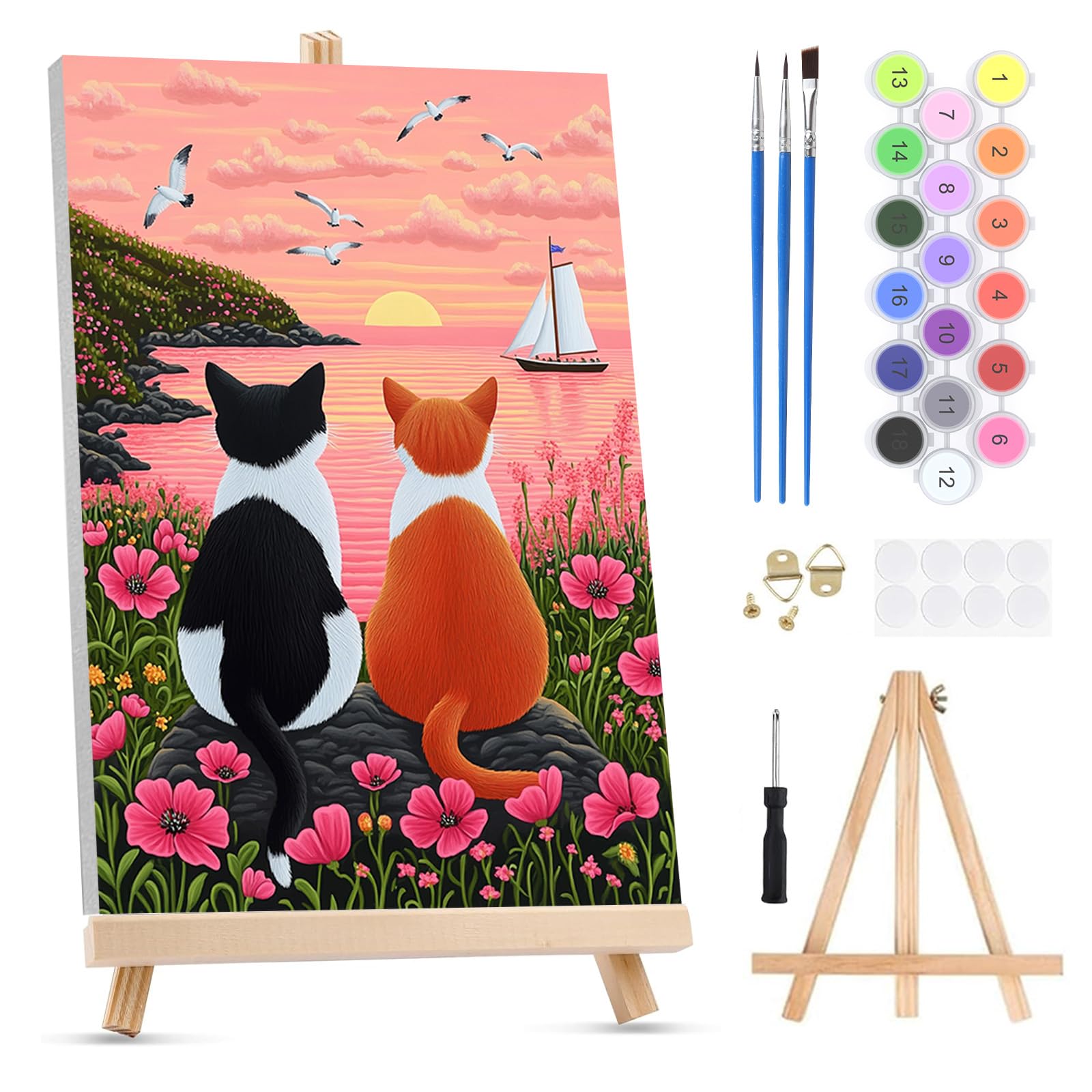 QENSPE Paint by Numbers for Adults on Framed Canvas - with Wooden Easel, Two Cats Painting by Number Kit for Beginners, DIY Sea View Acrylic Oil Painting for Home Wall Decor (8x12 inch)