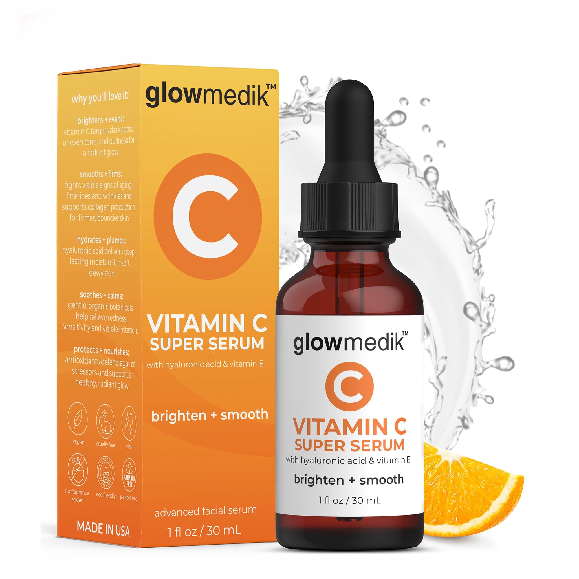 Glowmedik Brightening Vitamin C Serum for Face — Dark Spot Corrector for Hyperpigmentation, Acne Scars & Uneven Skin Tone, Fragrance Free, Sensitive Skin, Made in USA 1 fl oz
