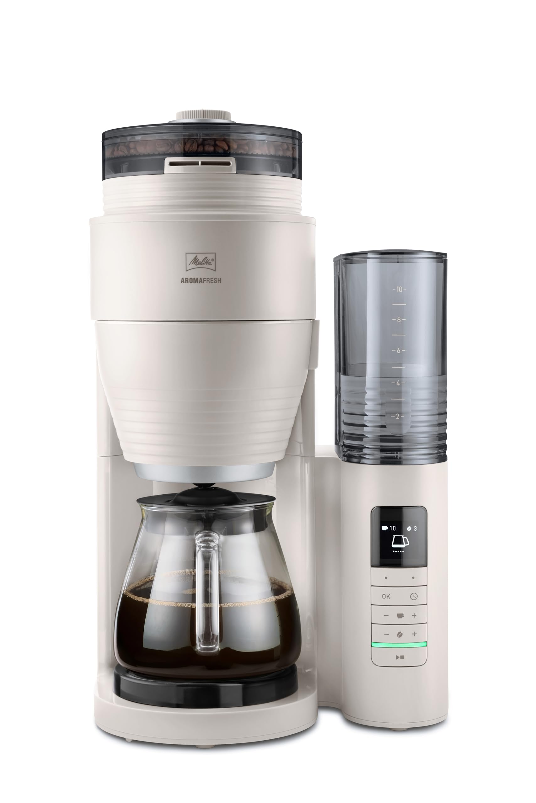 Melitta AromaFresh Pro X - Macchina da caffè con macinino, con caraffa in vetro e serbatoio dell'acqua rimovibile, per un massimo di 10 tazze di caffè, grigio caldo
