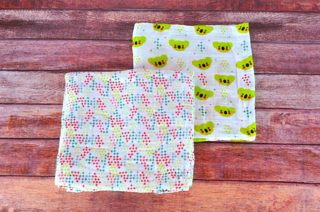 | 100% Cotton Muslin Swaddle Blanket Duo | Large Size 47" x 47" | Extra Soft | Premium 2- Pack | Limited Edition (Signature | Green Koalas + Green, Red, Blue Pluses)