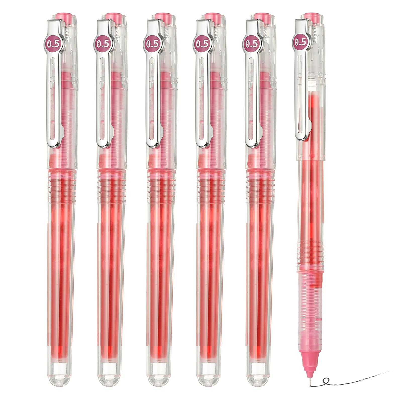 M&G Pink Red Liquid Ink Rollerball Pen, 6 Pcs Large Capacity Quick Drying 0.5mm Fine Point Pens, for Offices Art Crafts Scrapbooks Writing Journaling Drawing, Transparent