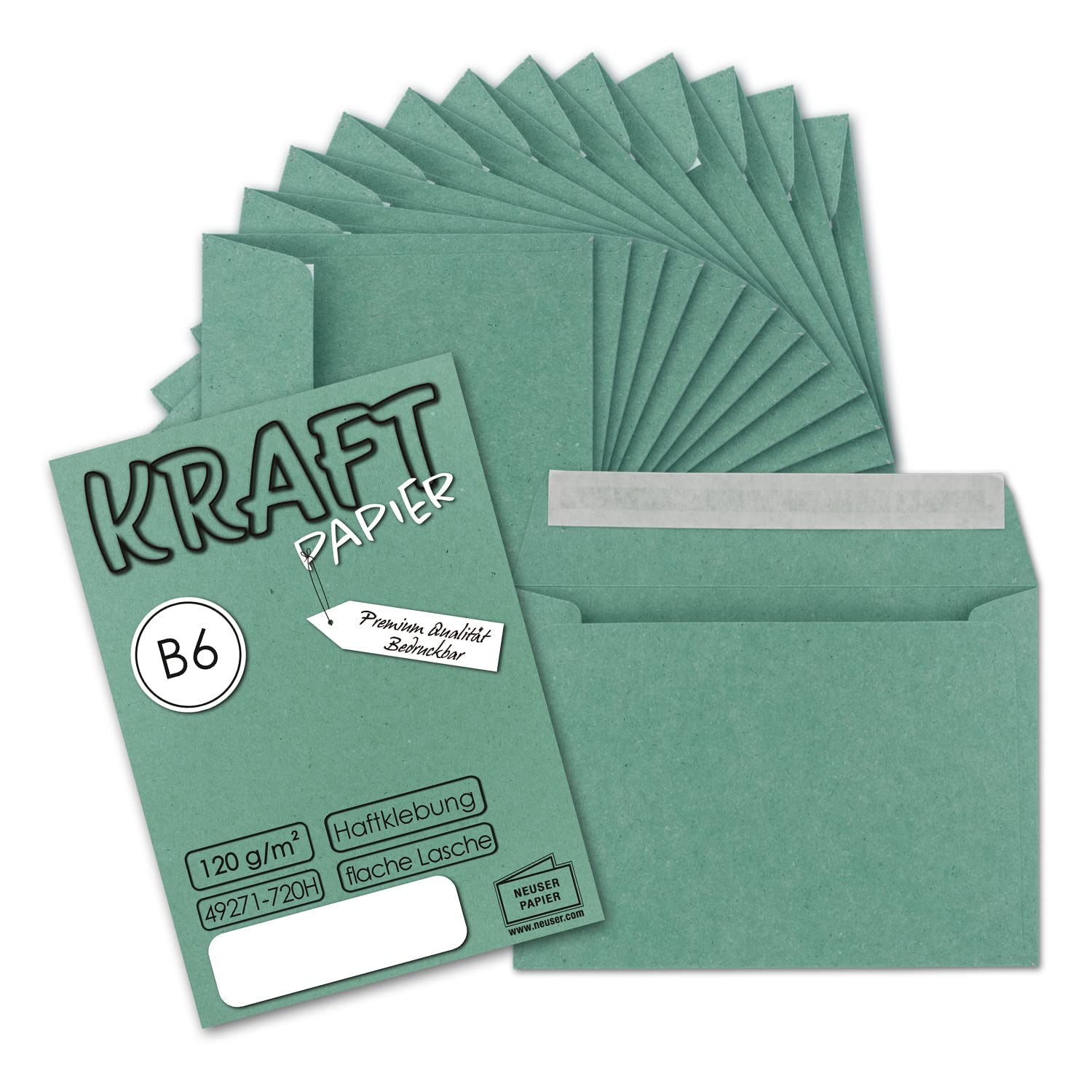 200x Buste formato B6 - colore: verde eucalipto (riciclaggio della carta) - 125 x 176 mm - Chiusura: Con strip adesivo - 120 g/m² - per la natura by GUSTAV NEUSER