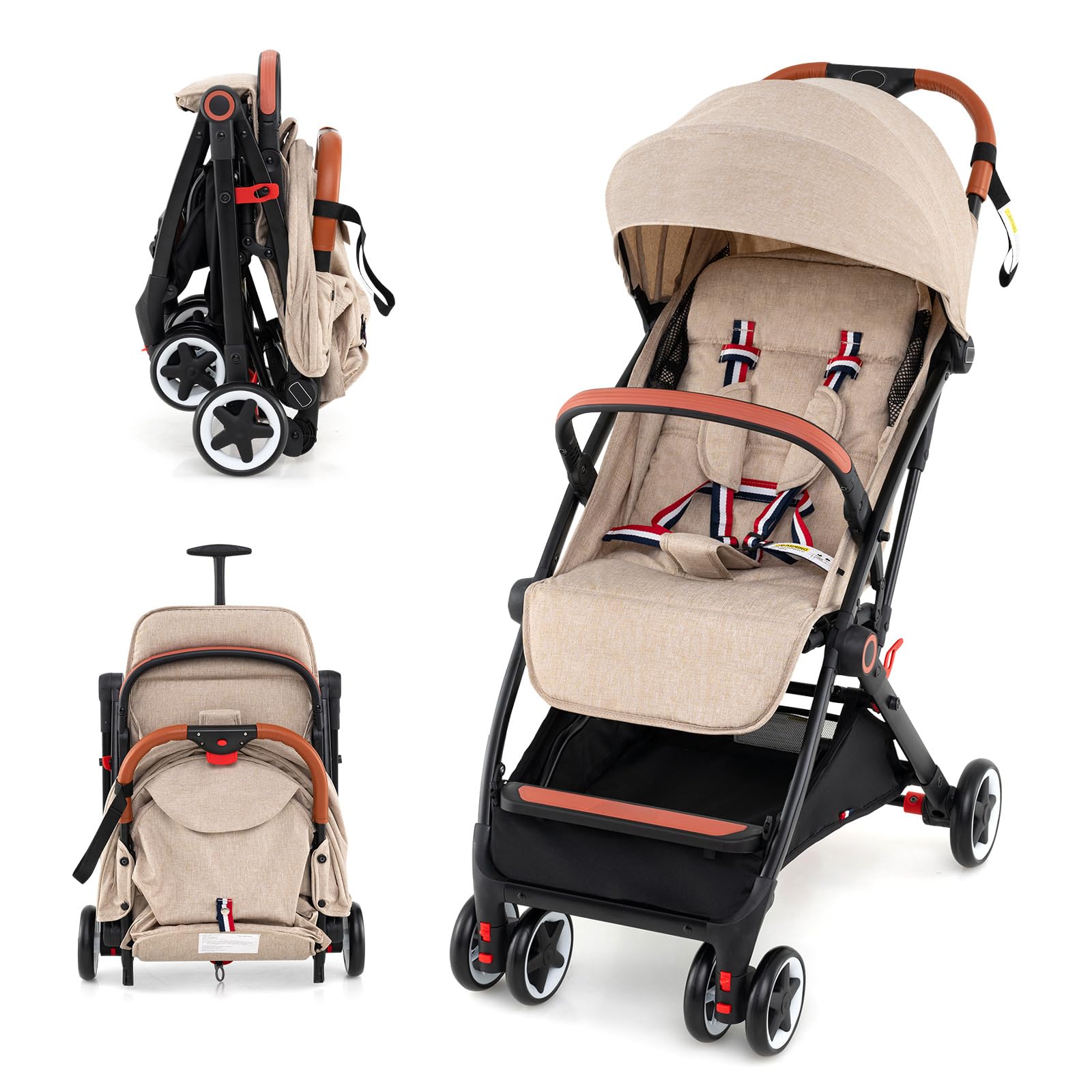 COSTWAY Silla de Paseo Plegable, Cochecito de Bebé con Solo Botón de Plegado, Marco de Aluminio Ligero, Respaldo y Reposapiés Ajustables, Toldo Retráctil para Bebés de 6-36 Meses (Beige, Sin Mochila)