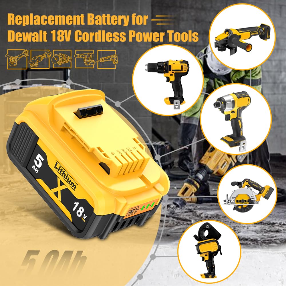 2 Stück 5000mAh DCB182 Ersatzakku für Dewalt Akku 18V, 5 Ah Ersatz für Dewalt Batteries DCB200 DCB184 DCB101 DCB107 DCB112 DCB105 DCB115 DCB203 mit LED Werkzeugakku