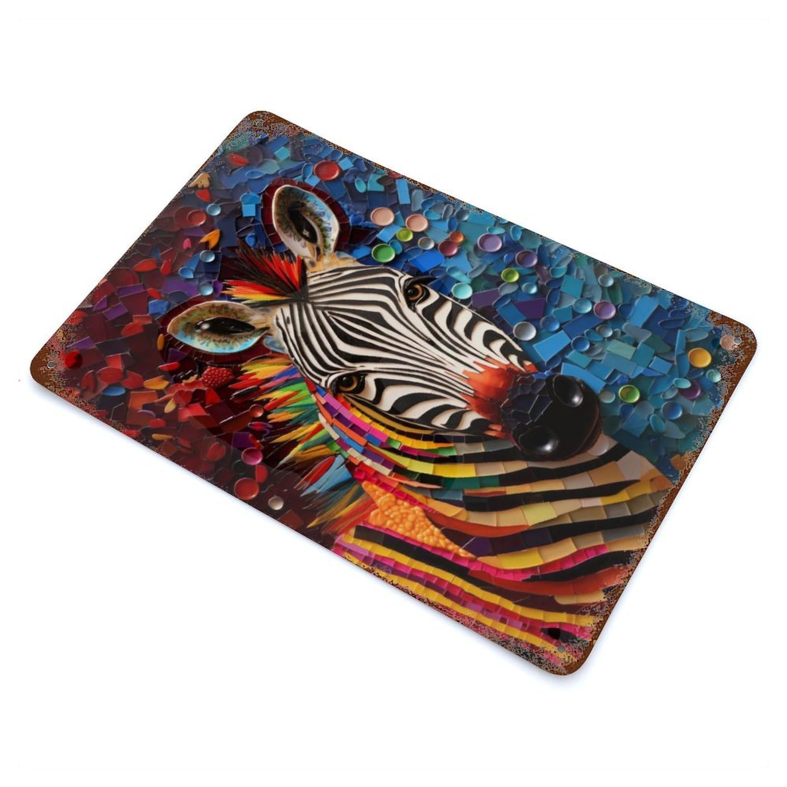 Weathered Tin Sign with Zebra Mosaic Art Design 11.8"x7.9", for Basement, Hobby Room And Garage Decor, Industrial Home Decor