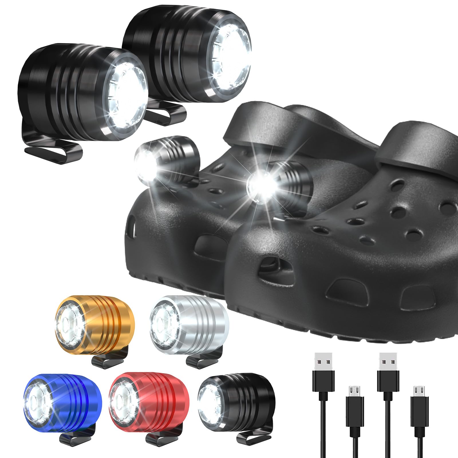 AUKSKYAUKSKY 2 Rechargeable Headlights Compatible with Clog, Adjustable Light for Shoes, Flashlights Accesories for Kids Adults Sandals, Clip on Clog, Headlamps Shoes Decorations