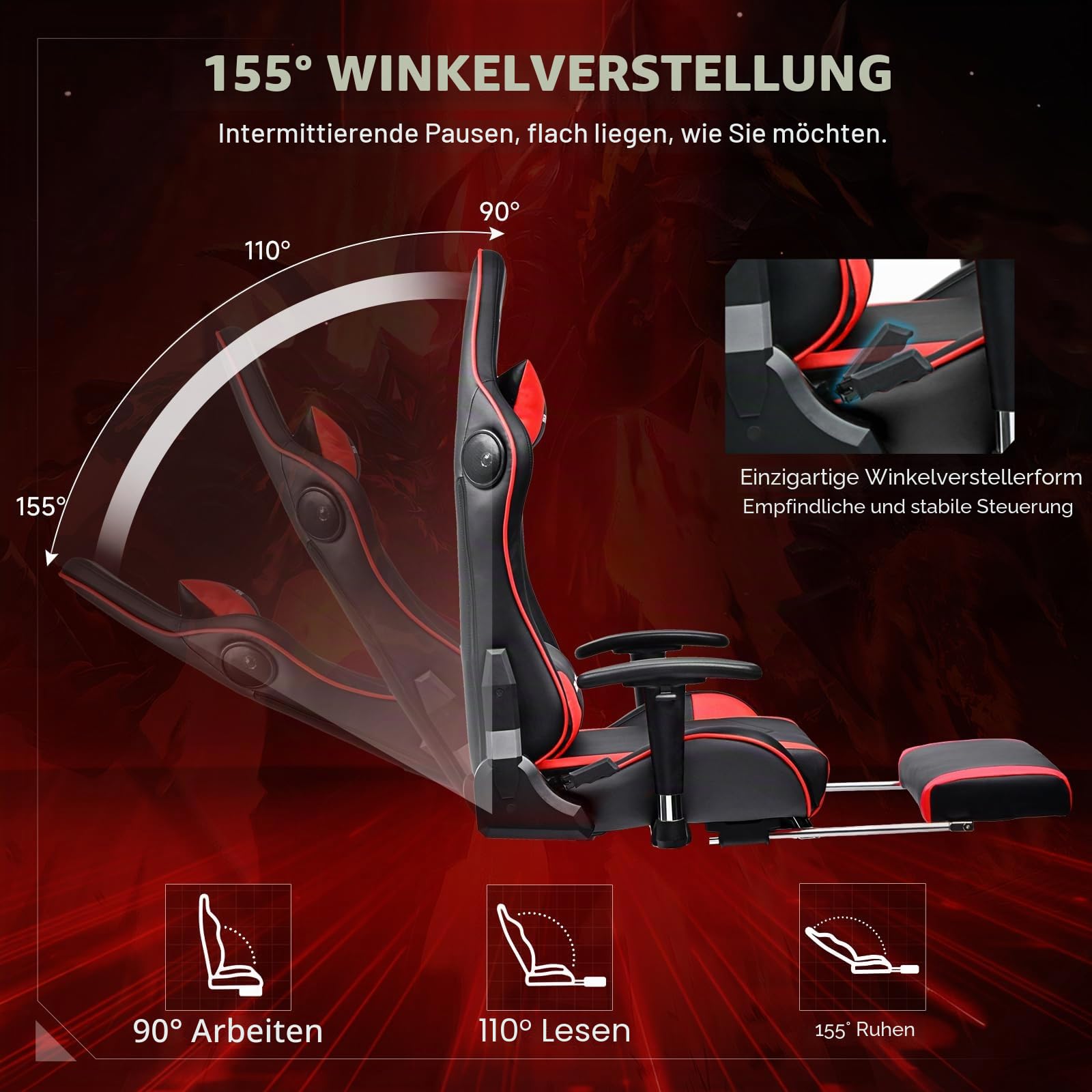GTPLAYER Gaming Stuhl mit Fußstützen Lautsprecher Bluetooth, Gamer Stuhl Ergonomischer Computerstuhl Bürostuhl Schreibtischstuhl PC Stuhl mit 3D-Armlehnen, 200KG, Rot