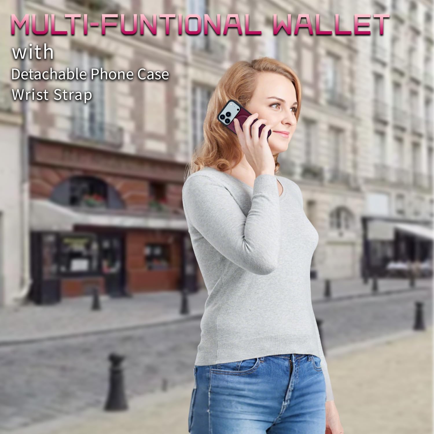 Lacass for iPhone 17 Pro Case Wallet,Compatible with MagSafe 2 in 1 Magnetic Detachable PU Leather RFID Blocking Wallet Cover Card Holder Zipper Wrist Strap Lanyard,Floral Wine Red