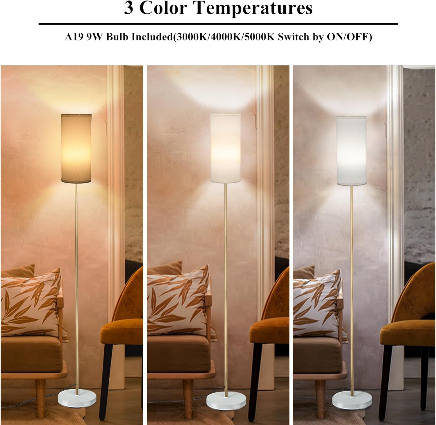 BoostArea Floor Lamp for Living Room with 3 Color Temperatures Bulb, Modern Floor Lamps, Classic Tall Lamp for Office, Standing Lamps for Bedroom, Kids Room, Study(9W LED Bulb, White Linen Shade)