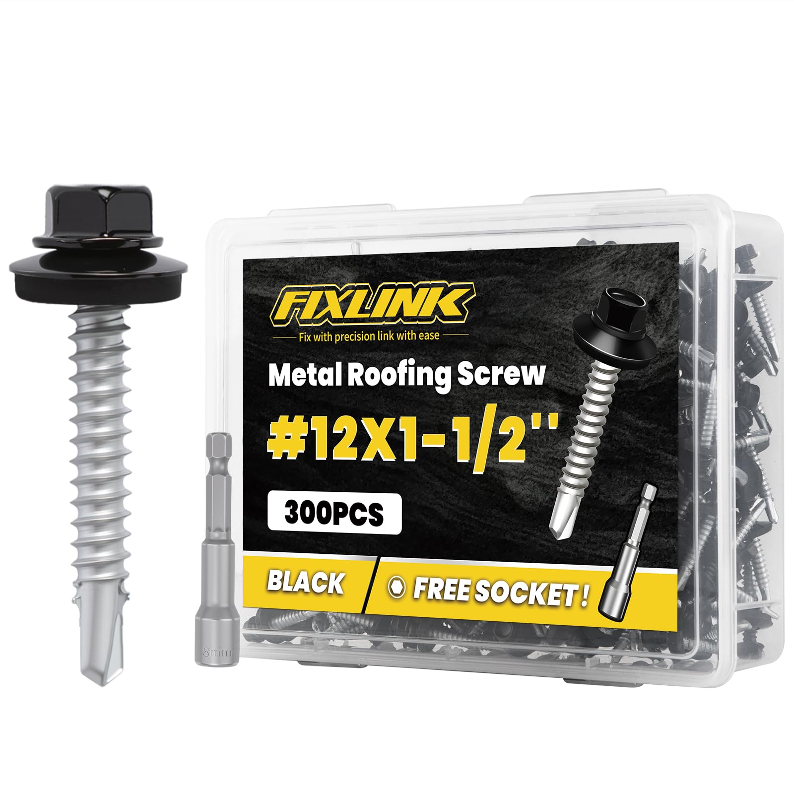 Metal Roofing Screws #12 x 1-1/2", 300 PCS, FIXLINK Baking Paint Hex Head Rubber Washer Sheet Metal Roof Screws Self Drilling Metal to Wood Siding