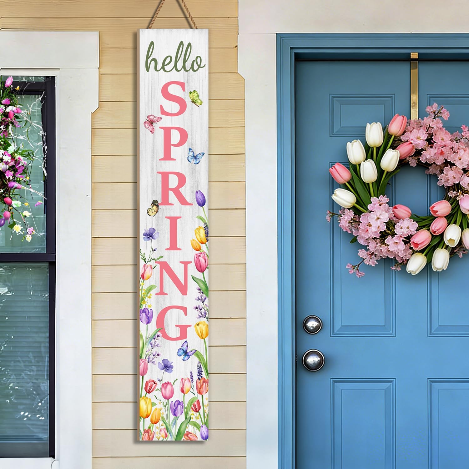 Hello Spring Porch Sign, Flower Butterfly Sign for Front Porch, Pink Tulip Wooden Sign Yard, Vertical Wood Sign Standing for Patio Front Door Porch, Farmhouse Holiday Home Party Entryway Yard Wall Decor Indoor Outdoor, 47x8 inch