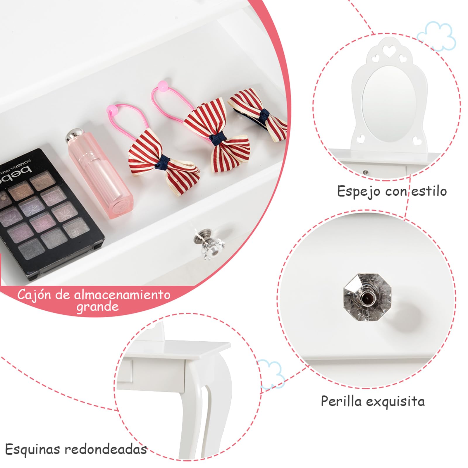 COSTWAY Tocador con Taburete y Espejo para Niña de Madera 70x57x105 centímetros Mesa de Maquillaje con Cajón (Blanco)