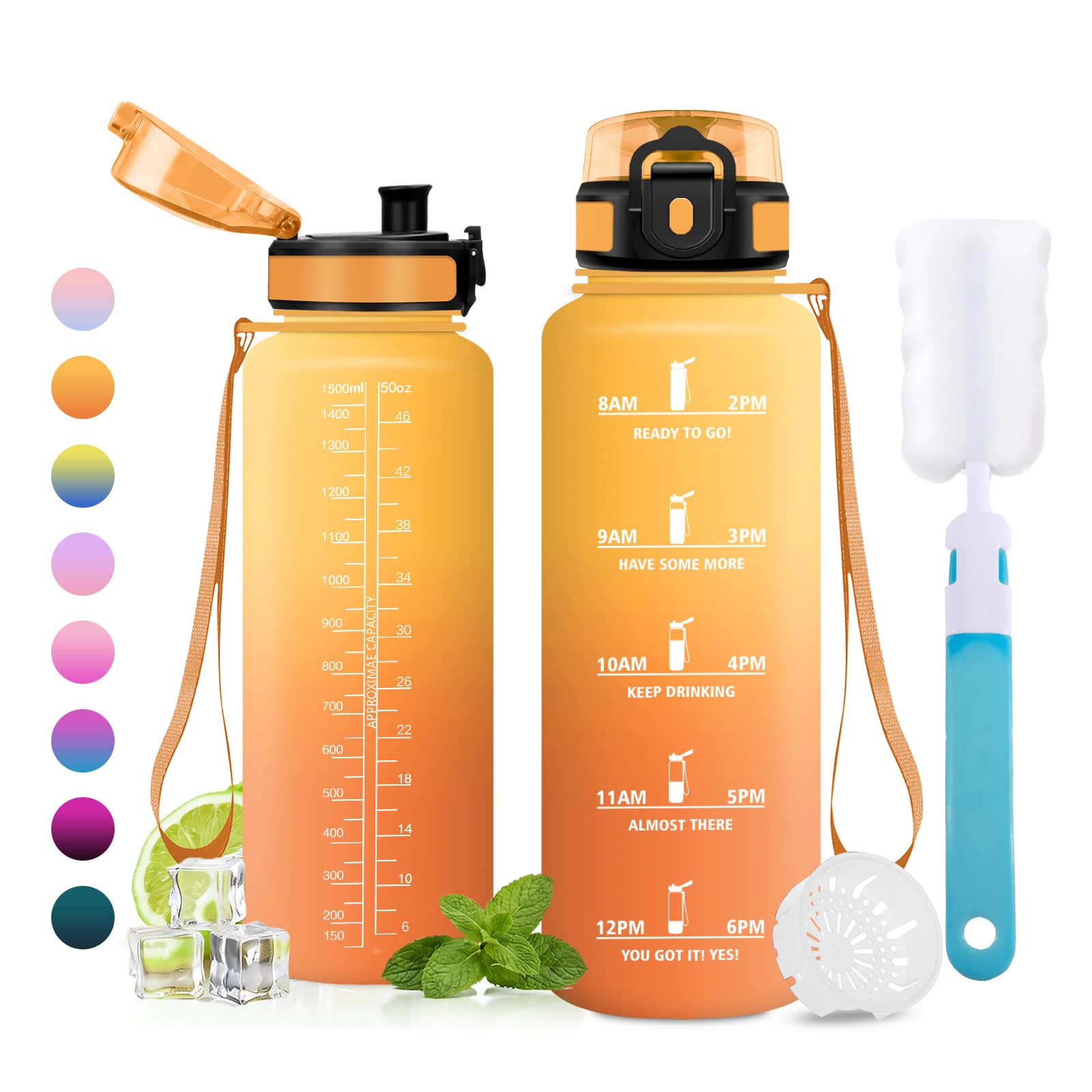JAPORIA 1.5L BPA Free Water Bottle with Time Markers Leak-Proof Filter Water Bottle for School Office