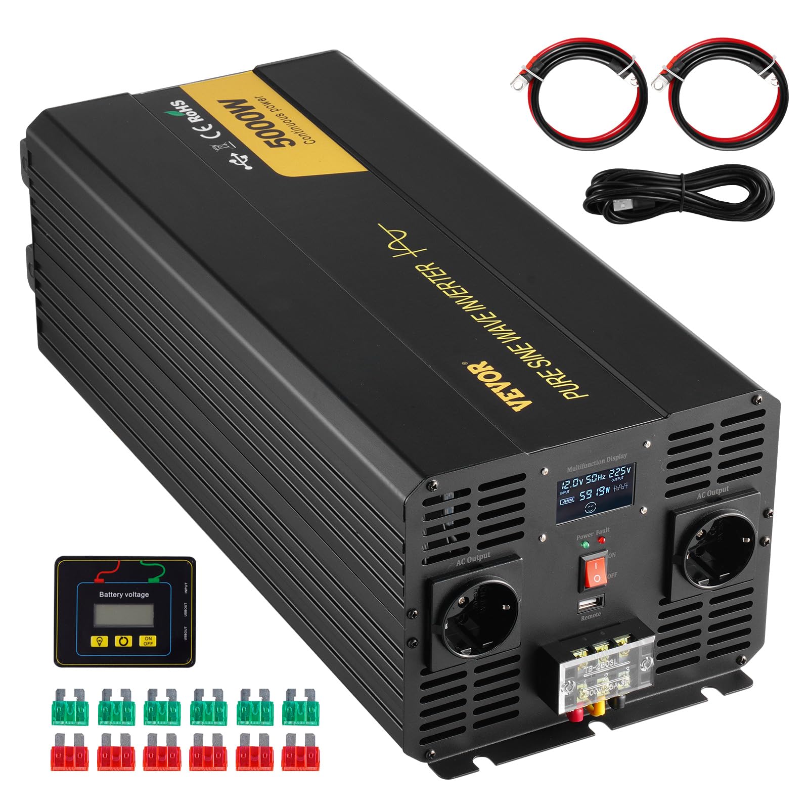 VEVOR Invertitore a Onda Sinusoidale Pura, 5000 W Invertitore di Potenza, DC 12 V a AC 230 V Invertitore per Auto con Schermo LCD Porta USB, Telecomando, per Camper Sistema Solare Viaggio Campeggio