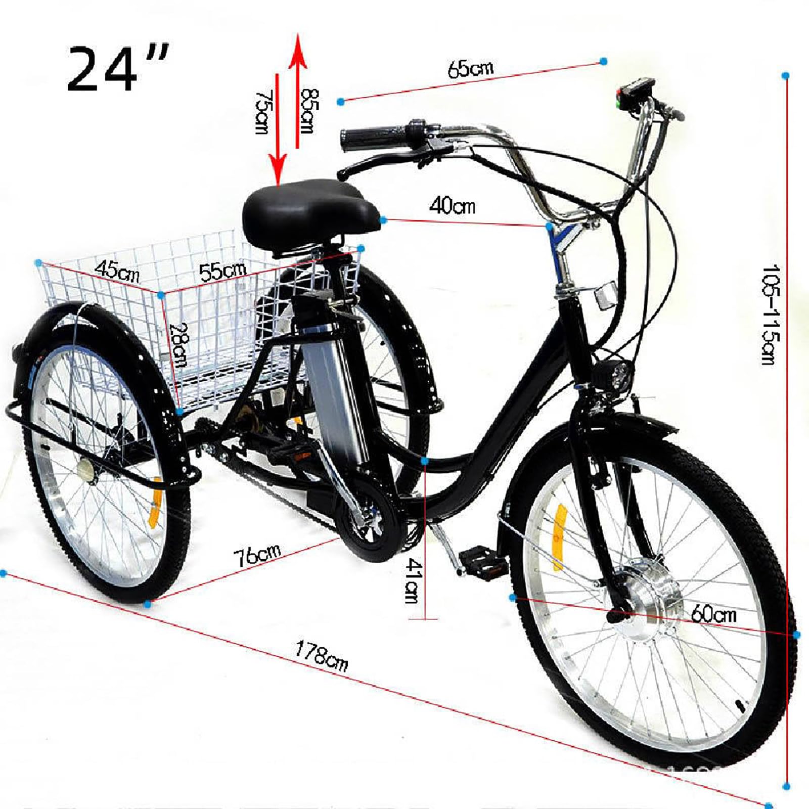 Triciclo elettrico per adulti da 24”, 3 ruote, batteria rimovibile da 36 V/12 Ah, carico massimo 150 kg, 3 modalità di guida, cestino portaoggetti, nero.