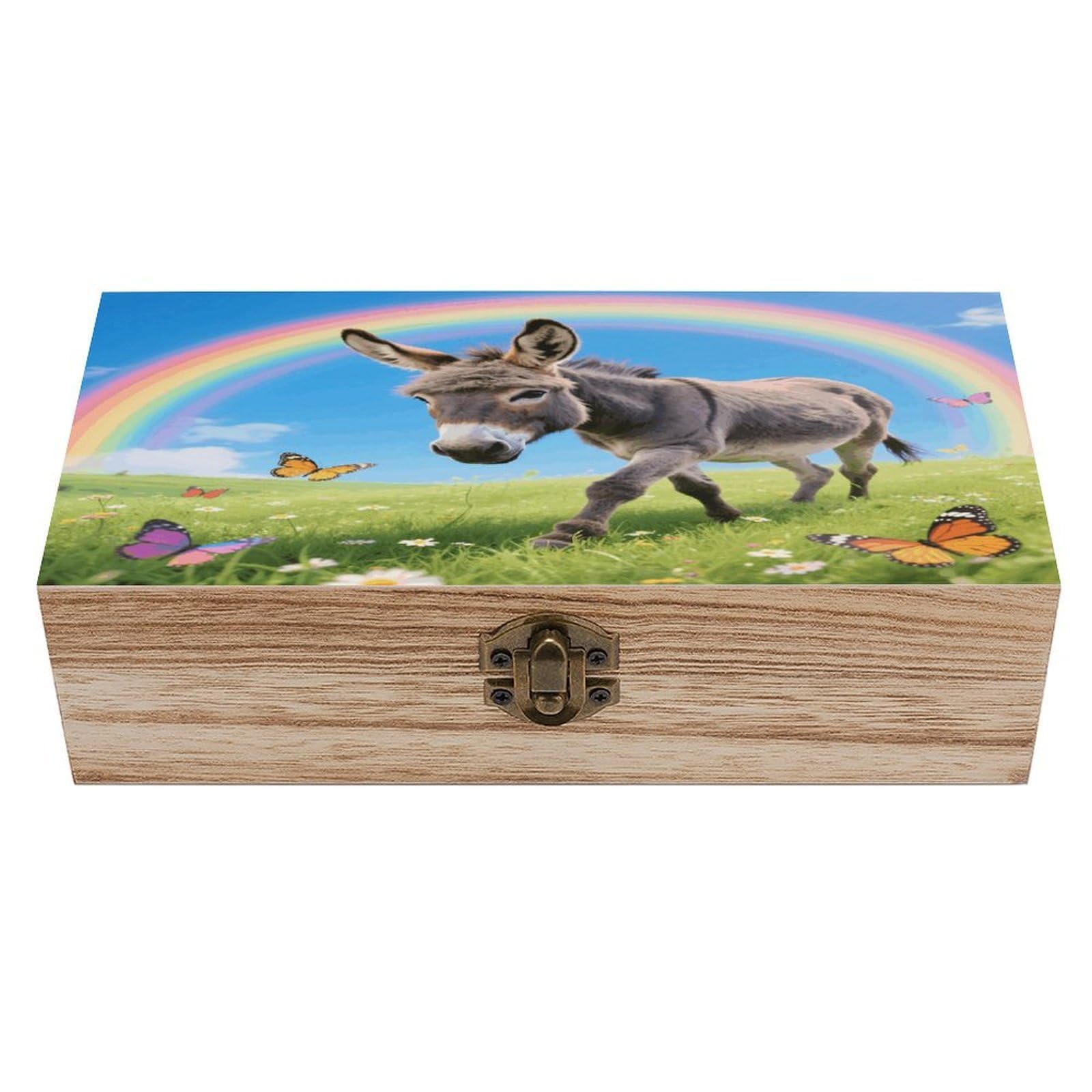 VstaDank Donkey & Butterflies (Rainbow) Wooden Storage Box Vintage Wood Box with Lid Large Wooden Jewelry Boxes DIY Wood Gift Boxes Exquisite Jewelry Case Art Stash Keepsake Storage Case