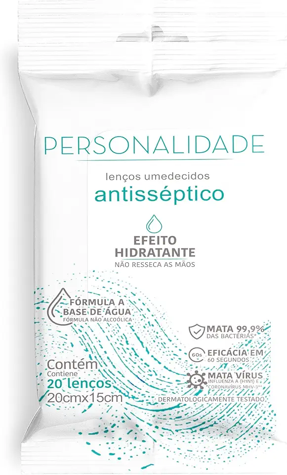 Lenço Umedecido Personalidade Antisséptico Hidratante 20 unidades 20cm X 15cm