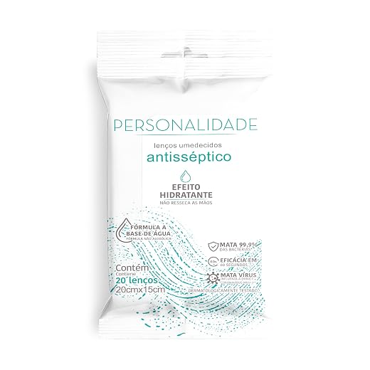 Lenço Umedecido Personalidade Antisséptico Hidratante 20 unidades 20cm X 15cm