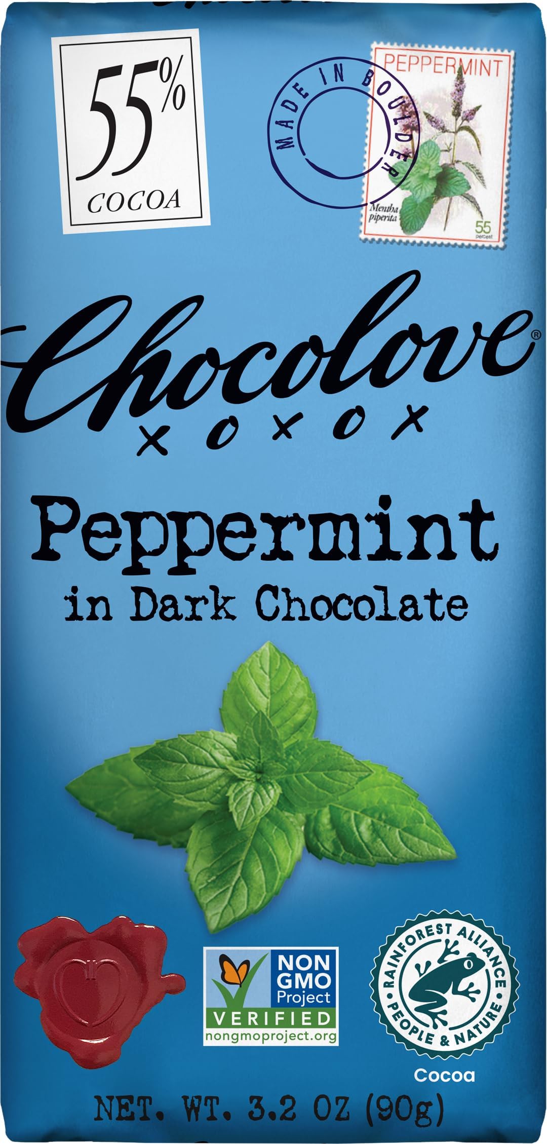 Chocolove Xoxox Premium Chocolate Bar - Dark Chocolate - Peppermint - 3.2 Oz Bars - Case Of 12