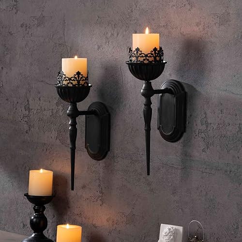 Miniatura 5 de Candelabro de pared (juego de 2) portavelas de metal para colgar en la pared, diseño de corona negra y cetro, portavelas de pared para sala de