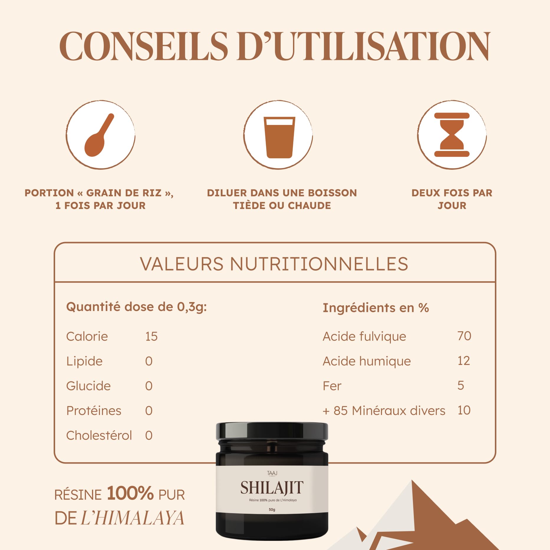 TAAJ | Shilajit en résine | Pur de l'Himalaya, 100% naturel | 70% d'acides fulviques | + 85 minéraux et oligo-éléments | Antioxydant | Cure de 3 mois | 50g