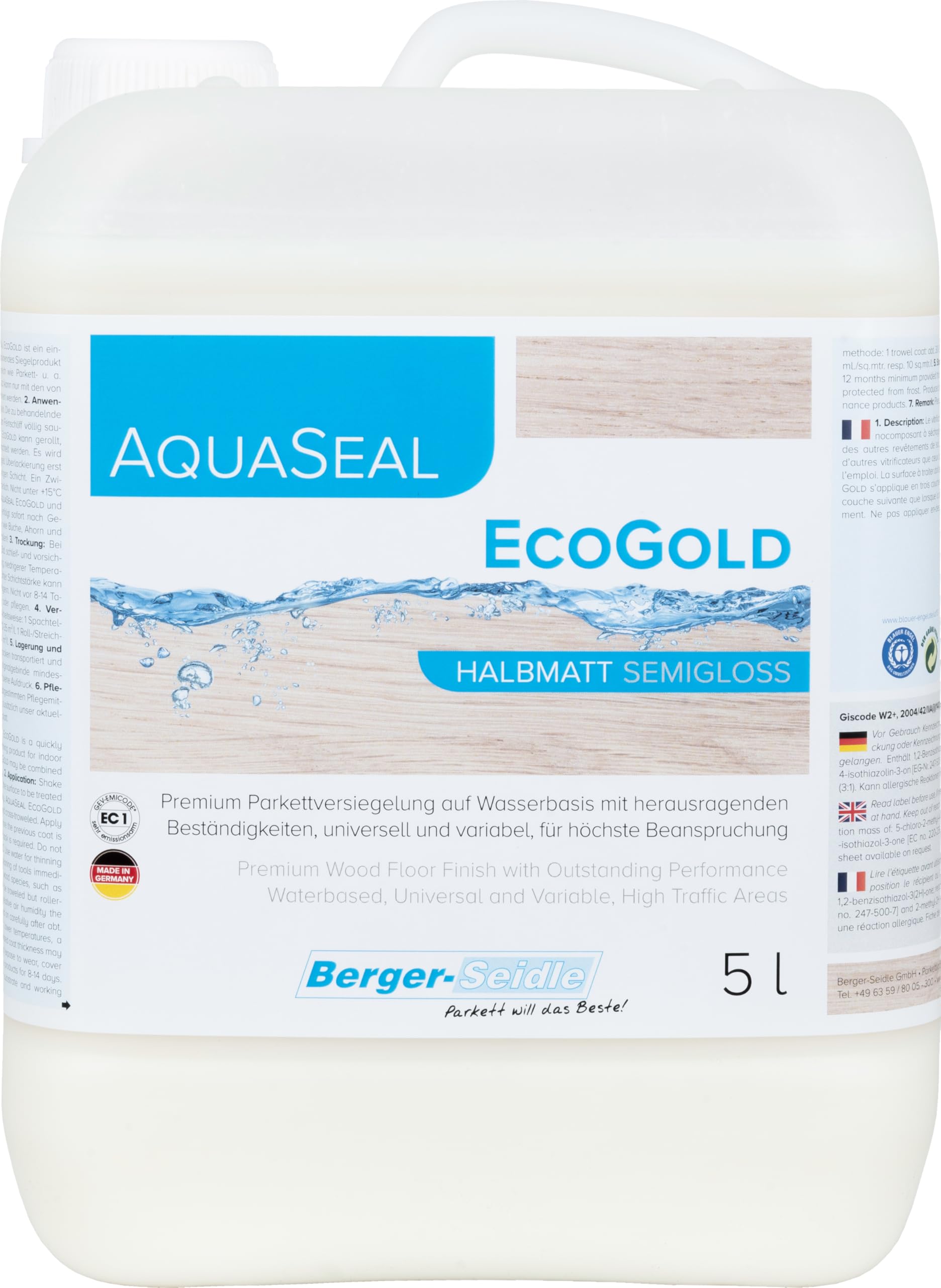 Berger-Seidle AquaSeal EcoGold - Barniz para parqué 1K, sello de parquet a base de agua, respetuoso con el medio ambiente, semimate (5 litros)