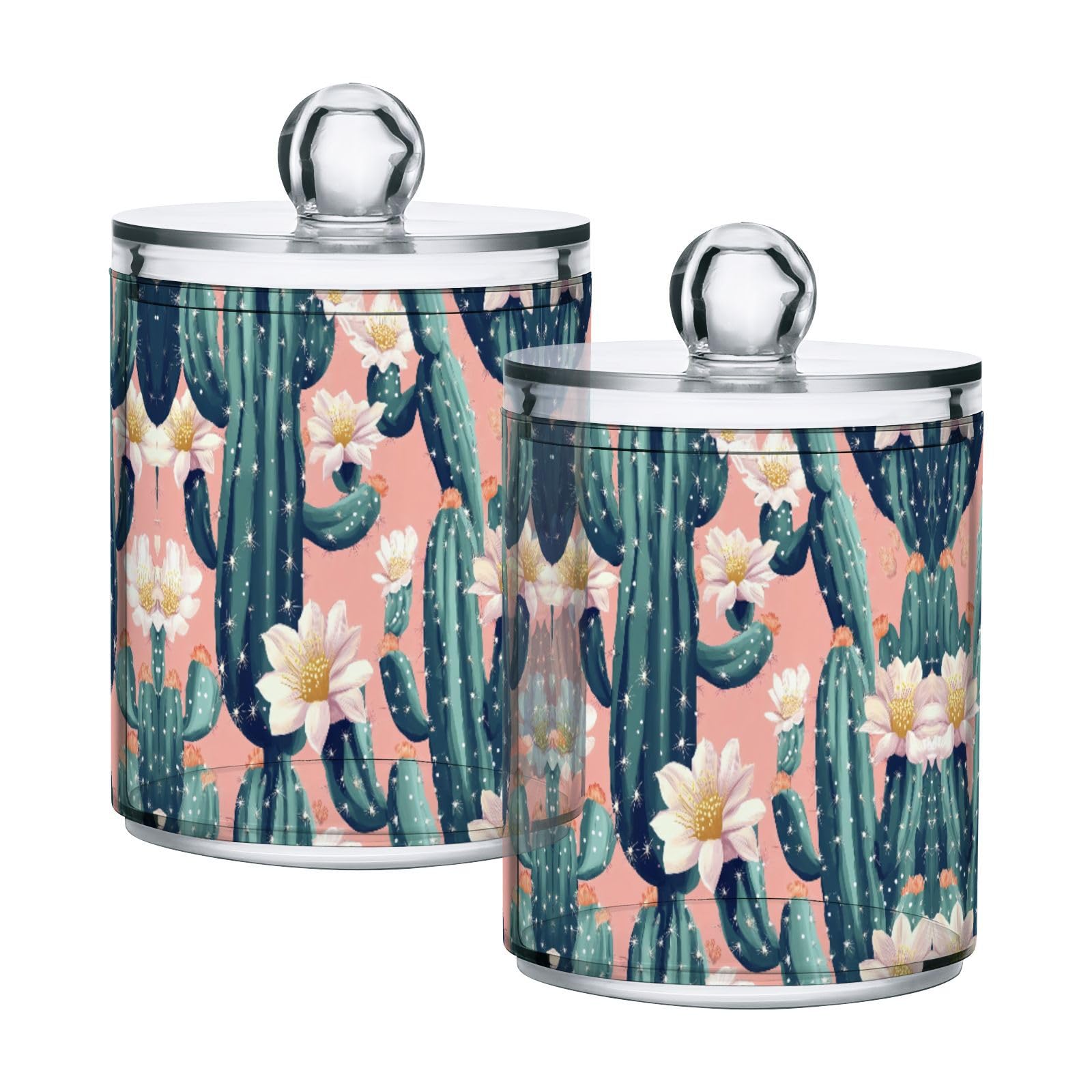 SDMKA 2 Pack Apothecary Jars Bathroom Blooming Cacti on Pink Qtip Holder Dispenser Clear Plastic Storage Canister Jar with Lid for Cotton Ball, Cotton Swab