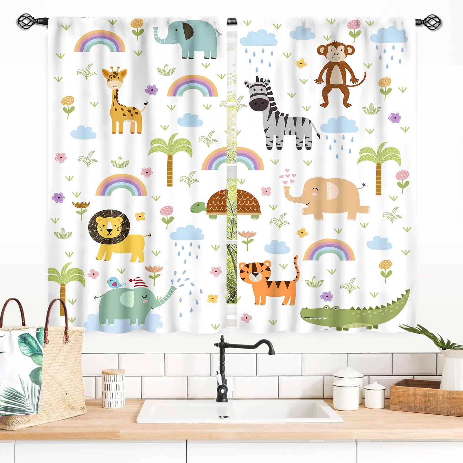 Baby Boys Safari Animals Curtains, Woodland Jungle Wildlife Forest Lion Elephant Cartoon Animals Rainbow Printed Window Drapes Treatments for Kids Girls Boys Living Room Bedroom 2 Panels, 55x39 Inch