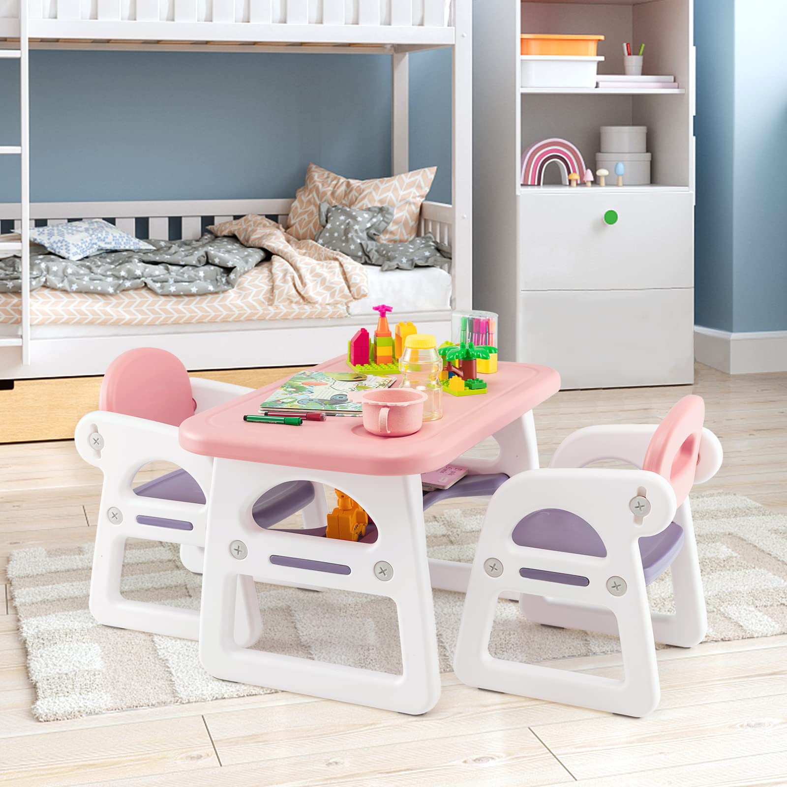 COSTWAY Juego de Mesa y Sillas para Niños, Juego de Escritorio Infantil para Leer, Dibujar, Escribir, Juego de Mesapara Interior con Estante de Almacenaje para Niños de 1 a 5 Años (Rosa y Morado)