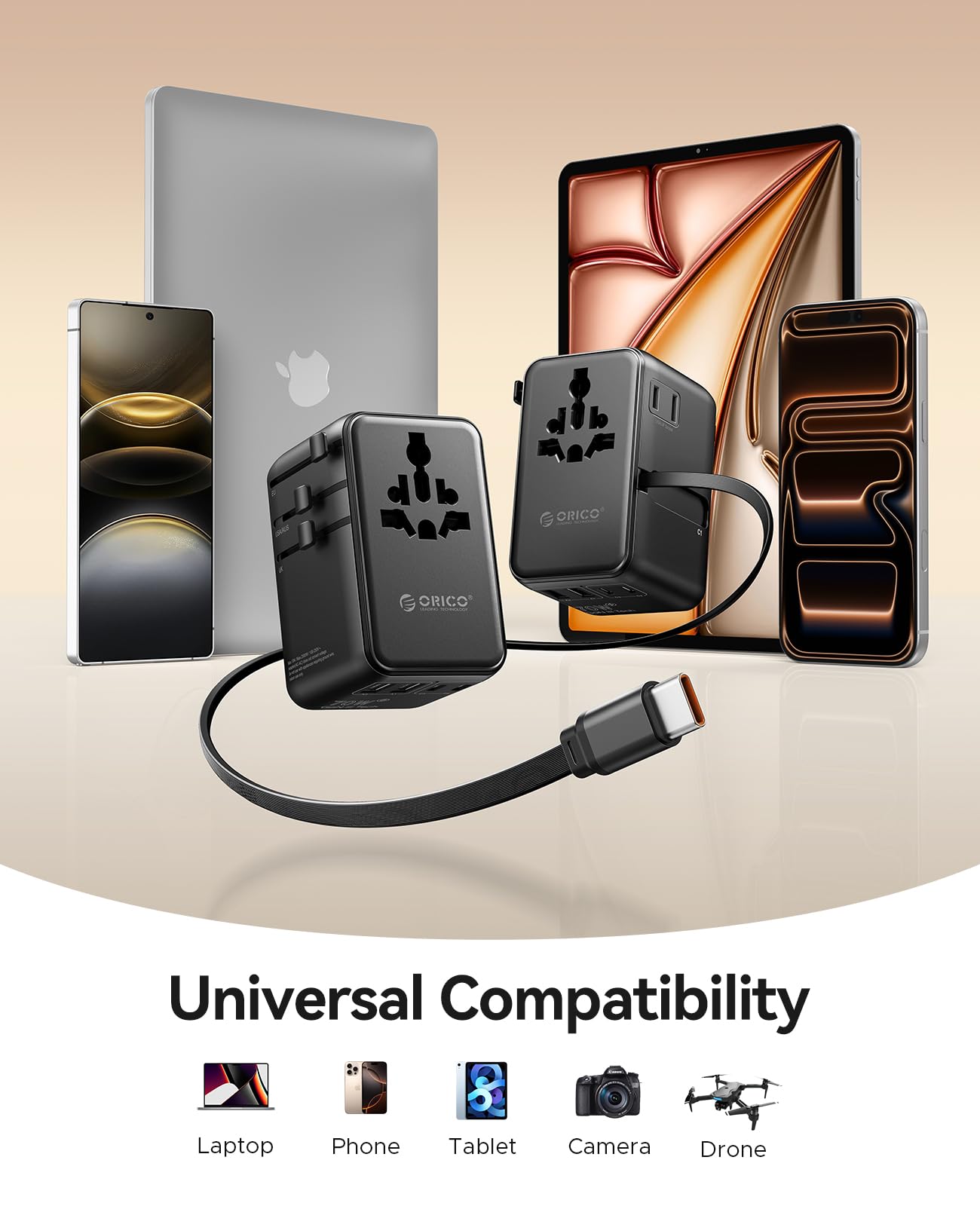 ORICO Adapter podróżny 70 W na całym świecie z wysuwanym kablem, uniwersalna wtyczka podróżna z 2 AC + 2 USB A+3 USB C, międzynarodowy adapter gniazdka, do Anglii, USA, Japonii, Tajlandii, Australii