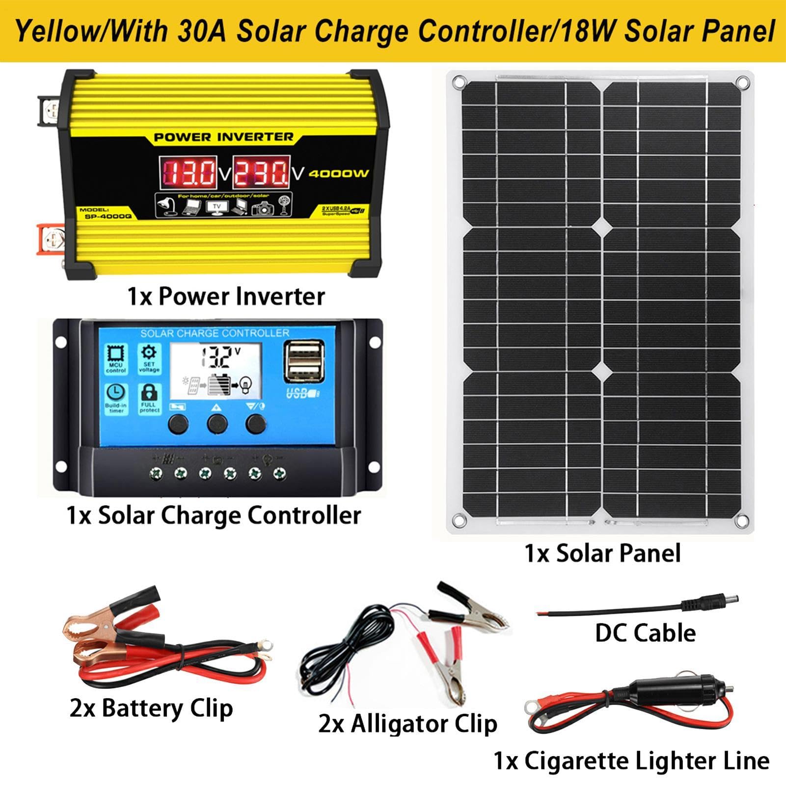 Sistema Solar Completo - Panel Solar 18W 12V Inversor 300W Cargador | Convertidor Solar DC 12V AC 110V/220V Controlador 30A, Cargador de Energía Solar, 2 Puertos USB, Pantalla L