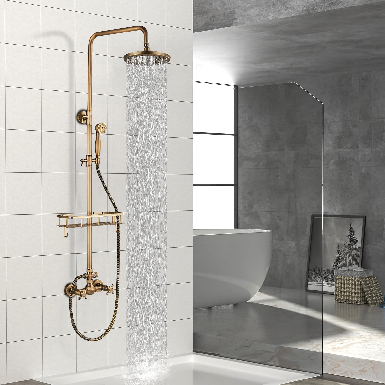 Gmusre Antique Brass Shower Fixture Bathroom Shower System 8 Inch Rainfall Shower Head Handled Shower Spray Dual Function Outdoor Shower Faucet Set with Shower Shelf