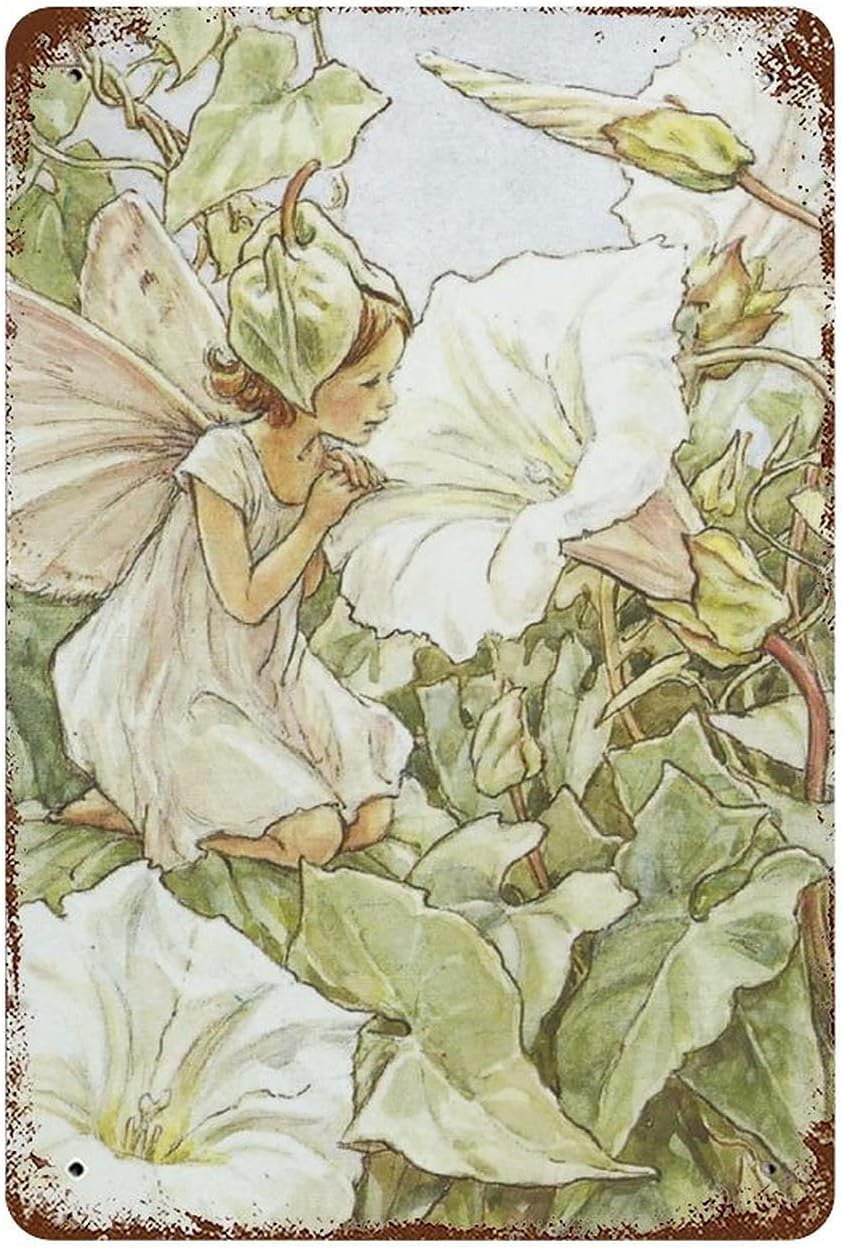 Kwqdozf 9-Flower Fairy Style 8X12 Inch Retro Metal Tin Sign The White Bindweed Fairy Flower Fairies Vint