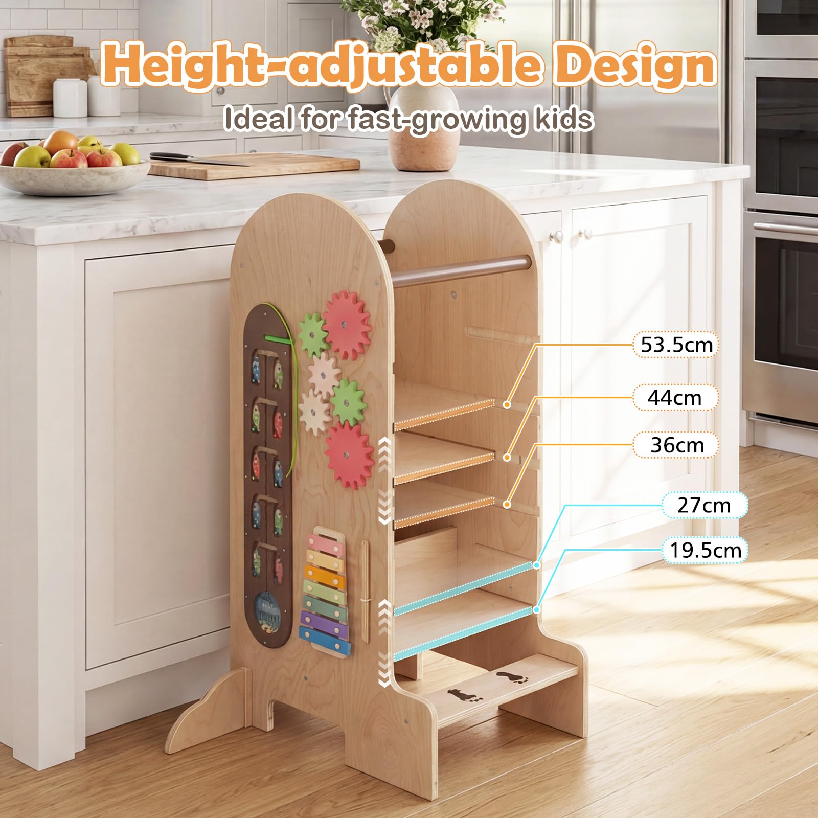 FANTASK 4-in-1 Lernturm mit Rutsche, Kreidetafel und Spielbrett | Multifunktionaler Montessori Lernturm aus Holz mit Trittleiter, abnehmbarer Kreidetafel und Spielbrett für Kinder ab 3 Jahren