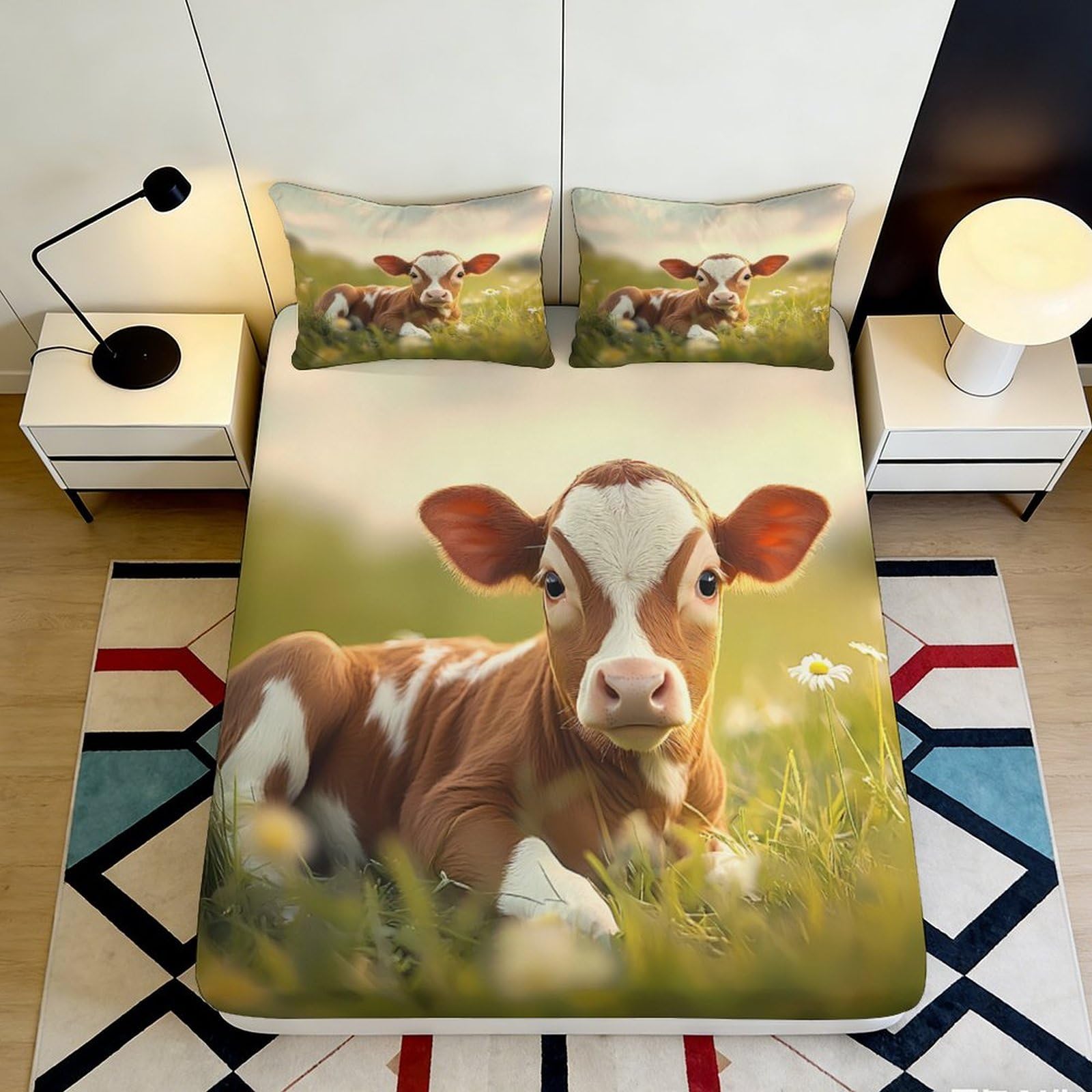 3D Printed Cute Cow Fitted Sheet Microfiber Soft Breathable Pastoral Meadow Bed Cover for Bedroom Dorm Mattress Protection Decor 90x200x25cm