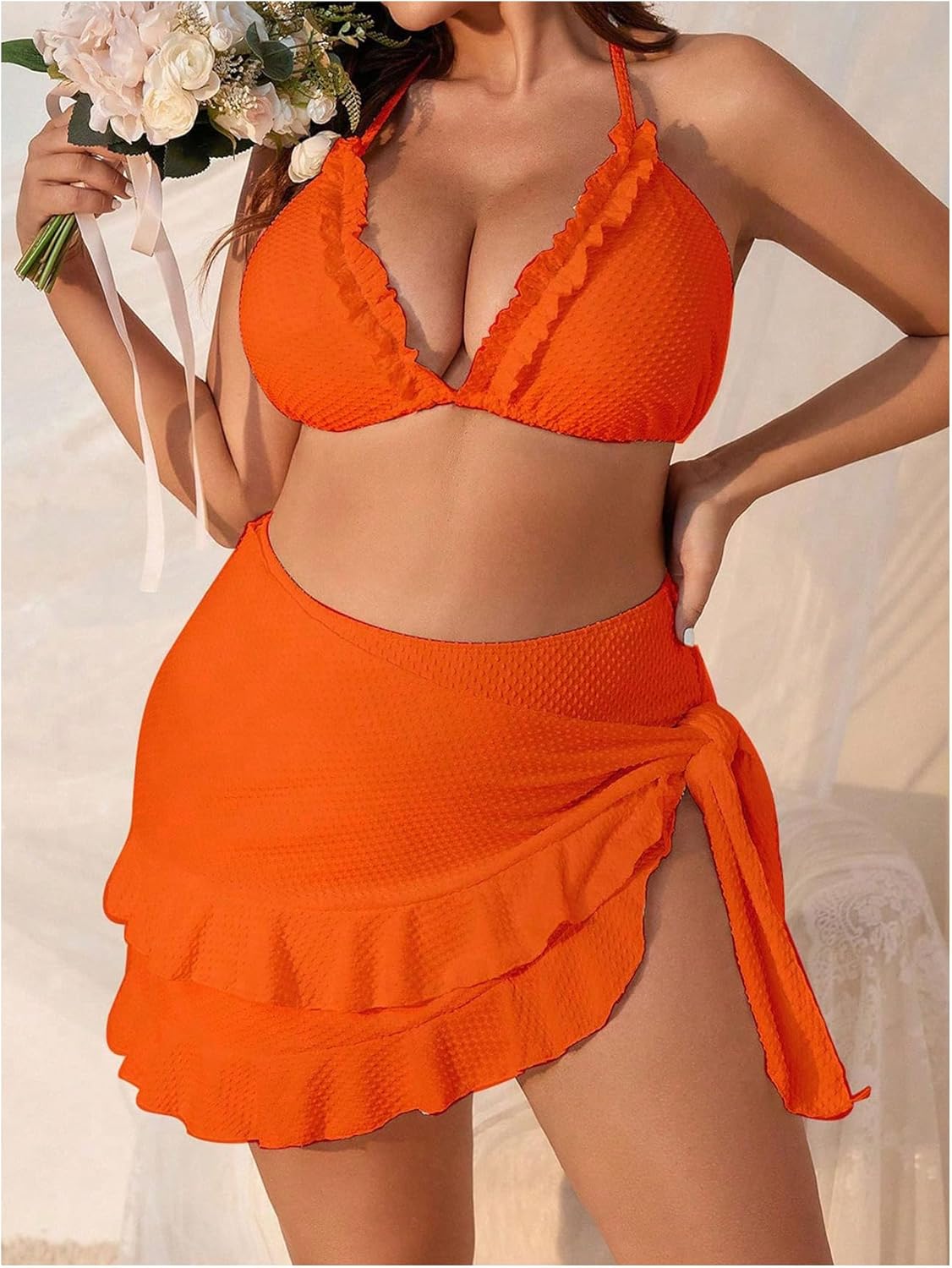 Women's 3 Piece Plus Size Lettuce Trim Bikini Halter Tie Side Triangle Set with Beach Skirt High Cut Bikini Swimsuit - Image 2