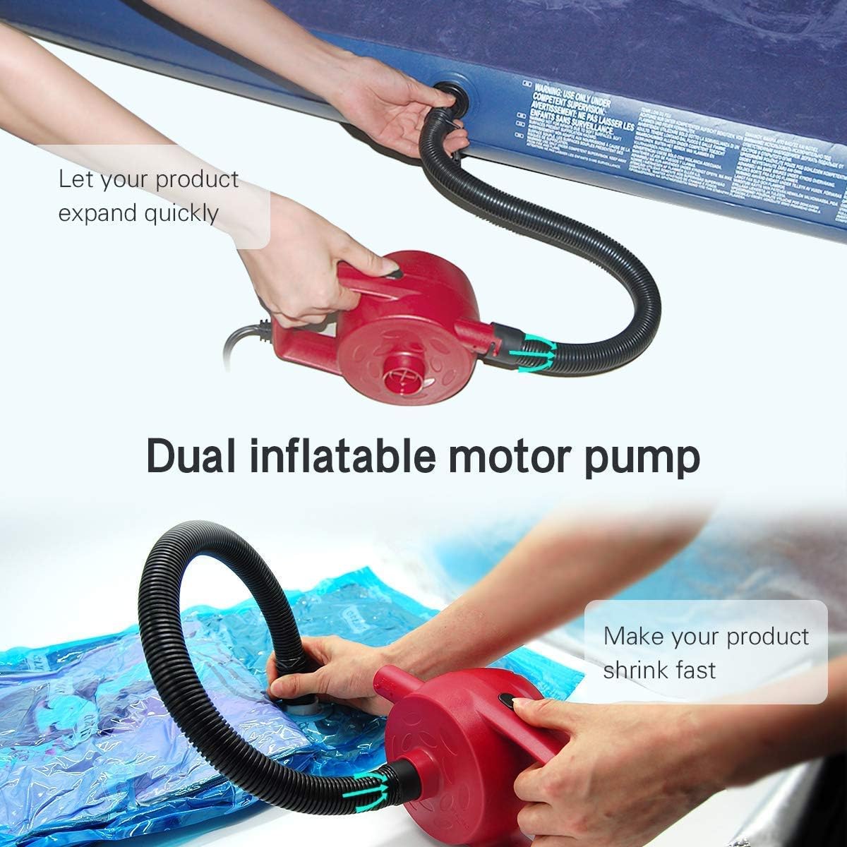 chamvis Electric Air Pump High Power Quick-Fill Air Mattress Pump AC 120V 1.2PSI 600L/min Inflator Deflator for Inflatables Raft Bed Boat Pool Toy Exercise Ball Balloons with Nozzles(Red)