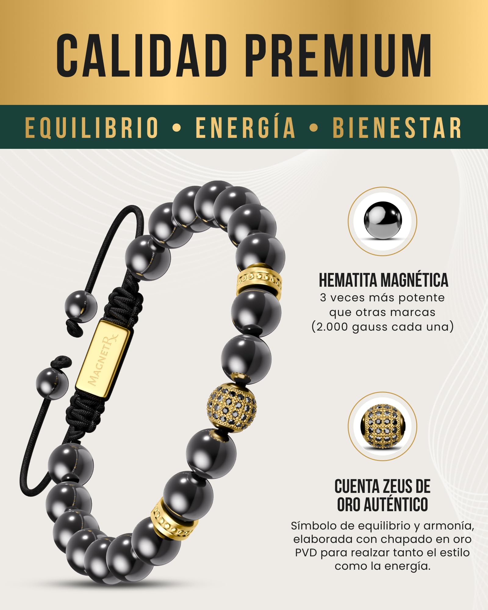 MagnetRX® Pulsera Magnética Terapéutica de Hematite - Brazalete con Piedras Potentes Curativas para un Alivio Natural del Dolor - Pulsera con Hematitas Magnetoterapia (Dorado Zeus Cuentas 8mm)