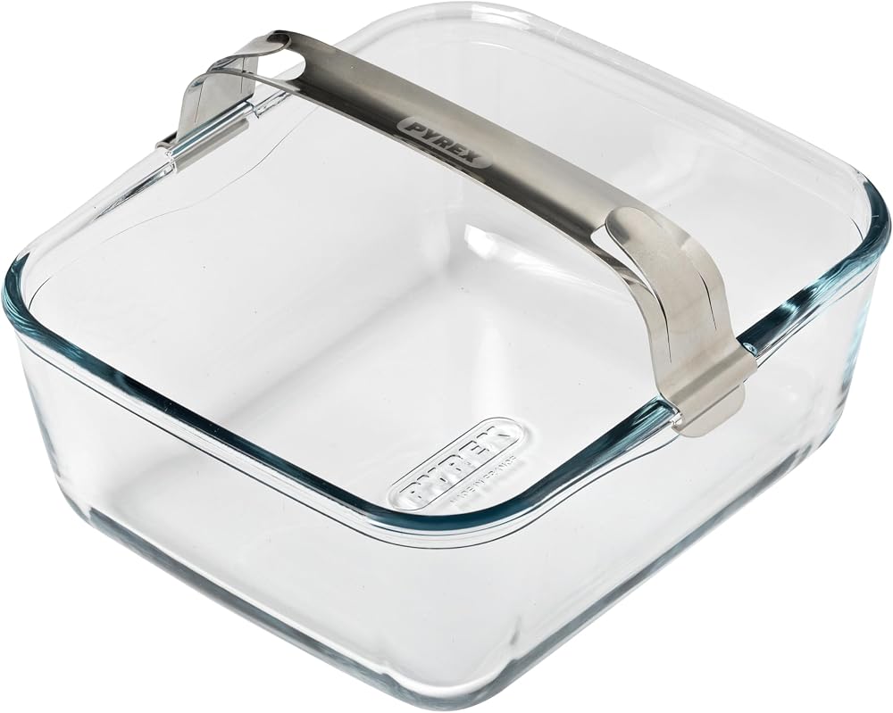 PYREX, ideal Air Fryer, Plat de Cuisson en Verre Ultra-Résistant 20x18 cm avec Poignée Amovible Clipsable en Inox pour Airfryer Simple Tiroir 2L