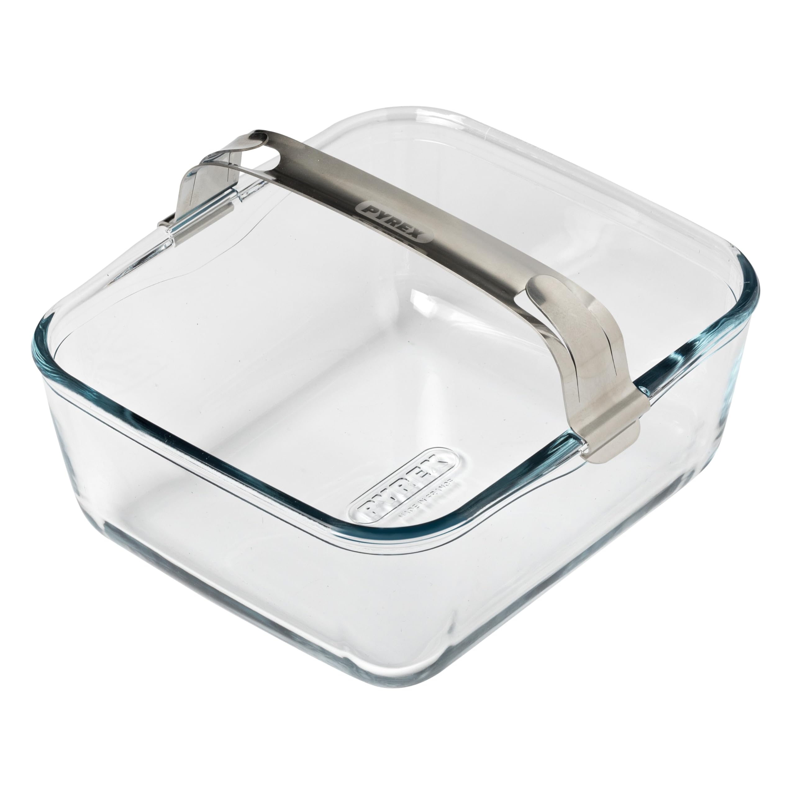 PYREX Ideal Air Fryer Glass Baking Dish 20 x 18 cm with Detachable Stainless Steel Clip Handle for Single Basket Air Fryers, Ultra-Resistant Borosilicate Glass, 2 L