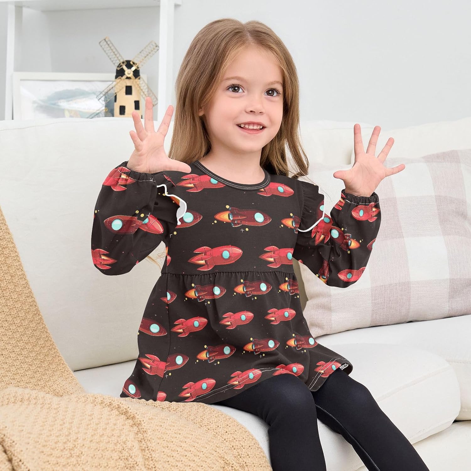 visesunny Toddler Clothes for Girls Star Rocket Launch Long Sleeve Fall Shirts Cotton Top with Ruffle Collar